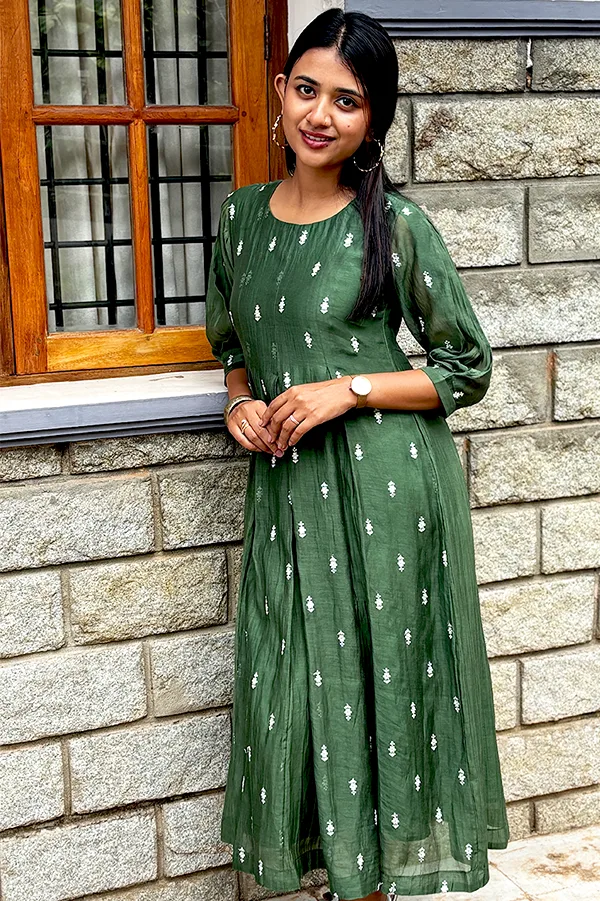 Green Malai Chanderi Dress with Inverted Box Pleats & Embroidered Detailing