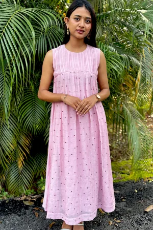 Pink Malai Chanderi Dress with Jewel Neck & Multicolor Embroidery