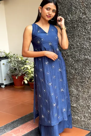 Malai Chanderi High-Slit Kurta Set – Blue Elegance