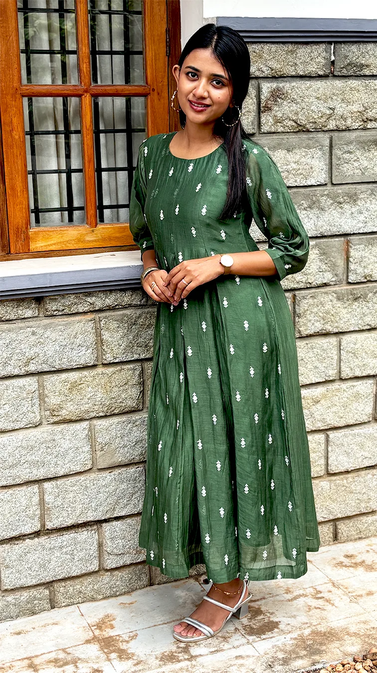 Green Malai Chanderi Dress with Inverted Box Pleats & Embroidered Detailing - Image 10