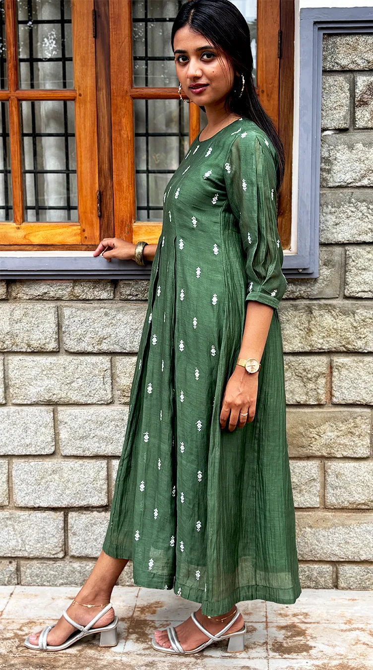 Green Malai Chanderi Dress with Inverted Box Pleats & Embroidered Detailing - Image 9