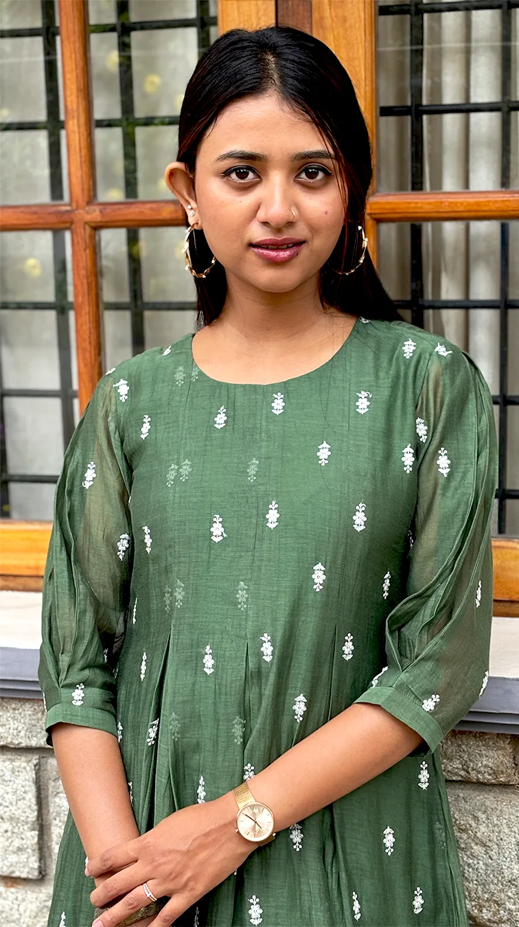 Green Malai Chanderi Dress with Inverted Box Pleats & Embroidered Detailing - Image 8