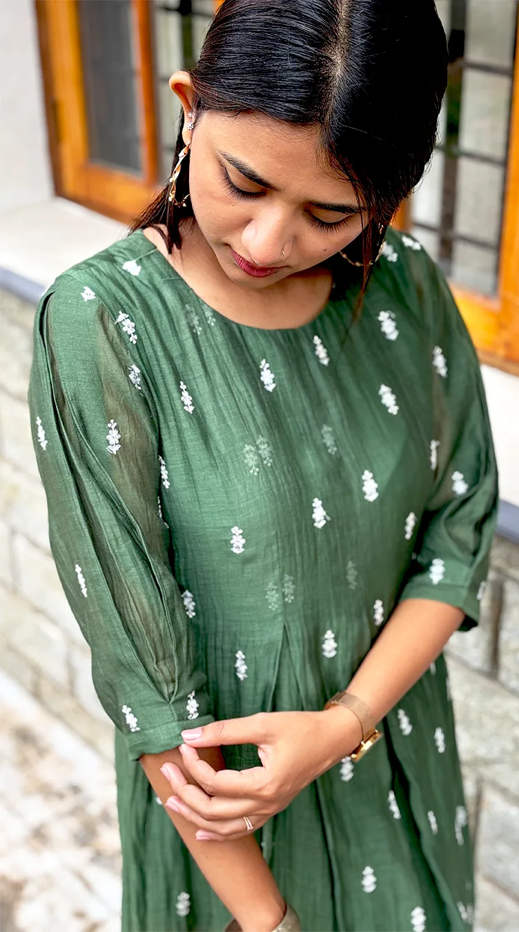 Green Malai Chanderi Dress with Inverted Box Pleats & Embroidered Detailing - Image 7