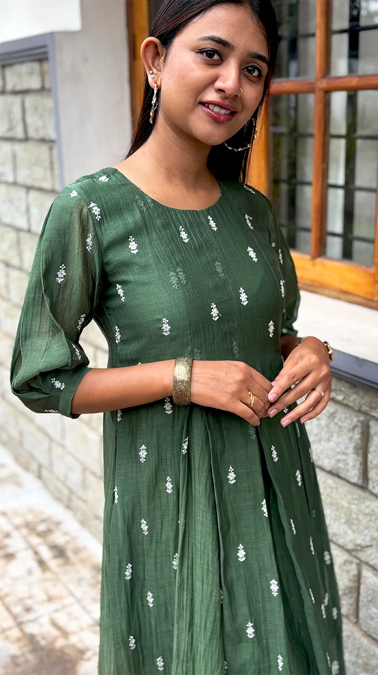 Green Malai Chanderi Dress with Inverted Box Pleats & Embroidered Detailing - Image 6