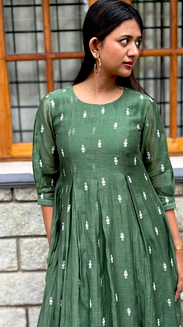 Green Malai Chanderi Dress with Inverted Box Pleats & Embroidered Detailing - Image 5