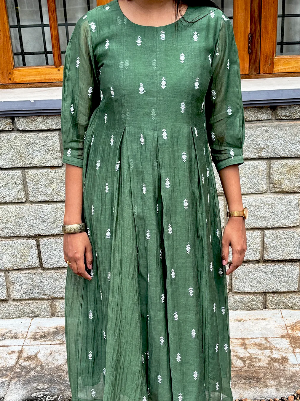Green Malai Chanderi Dress with Inverted Box Pleats & Embroidered Detailing - Image 4