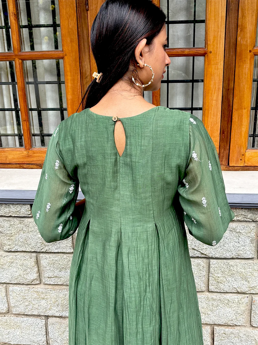 Green Malai Chanderi Dress with Inverted Box Pleats & Embroidered Detailing - Image 3