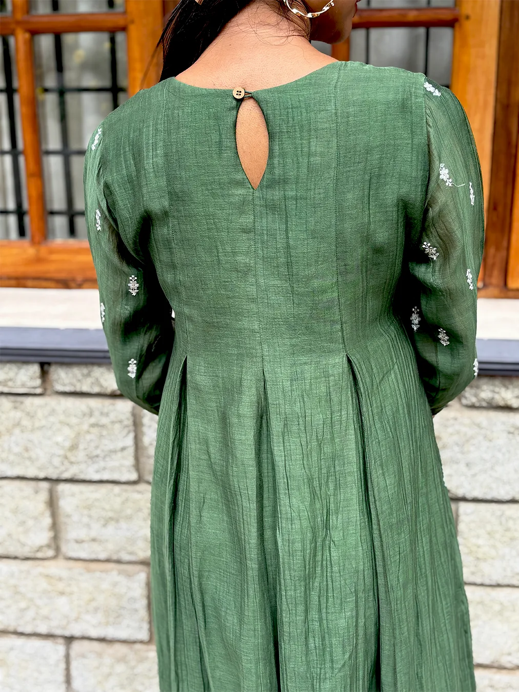 Green Malai Chanderi Dress with Inverted Box Pleats & Embroidered Detailing - Image 2