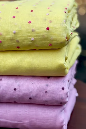 Malai Chanderi Fabric – Light Yellow, Peach & Pink with Multicolor Embroidery