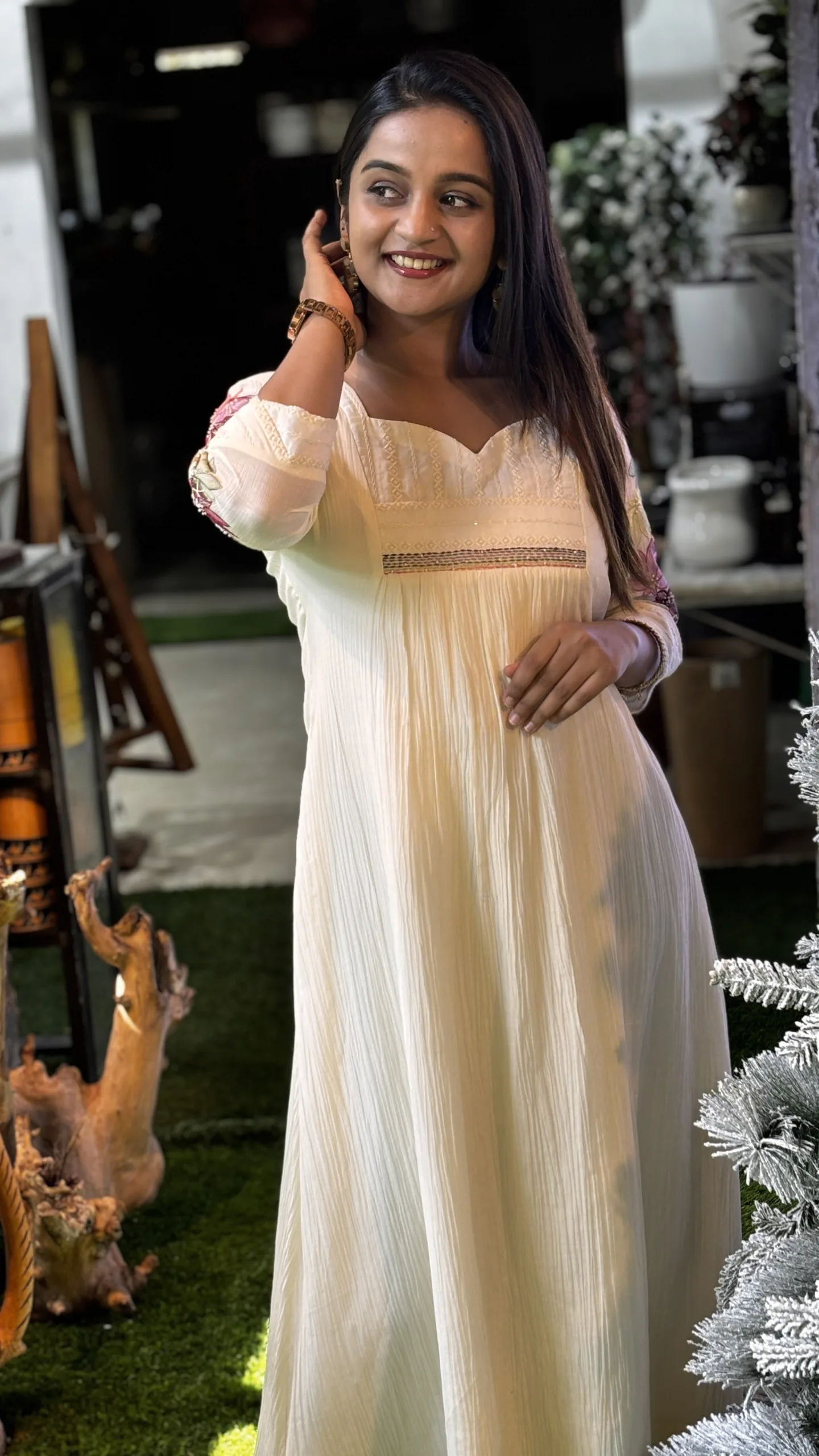 Gathered A-Line Kurta in Crush Malai Chanderi - Image 5