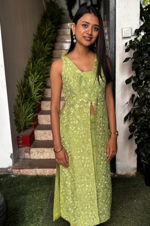 Pista Green Embroidered Slit-Layer Set with Pintuck Pants
