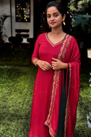 Regal Red Pure Chinon A-Line Three-Piece Set with Aari Embroidered Dupatta