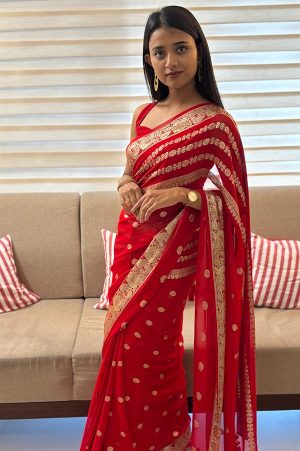 Festive Red Georgette Saree with Golden Embroidery – Perfect for Christmas Celebrations