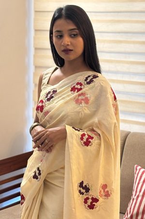 Pure Tussar Silk Saree with Multicolor Embroidery & Handwork