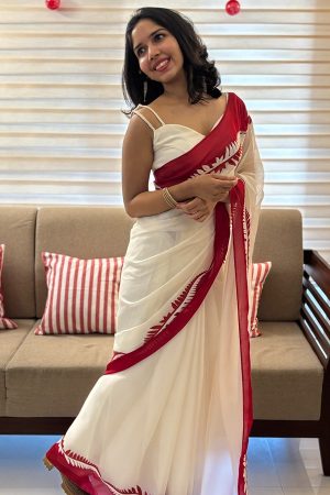 Pure Organza Saree in Off-White and Red with Matching Embroidery