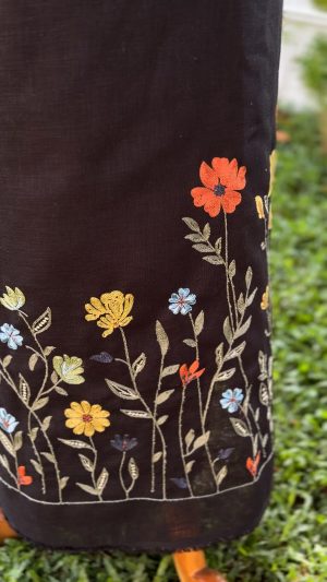 Semi Linen 58” Big-Width Fabric with Multi‑Colour Floral Embroidery - Black & Light Chikku