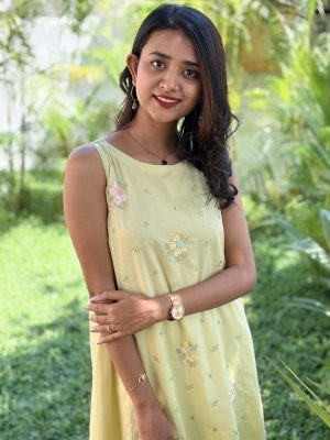 Mul Cotton Three‑Panel Dress with Boat Neck | Floral Embroidered Centre Panel & Plain Side Panels | Keyhole Back Opening | Available in Dusty Mauve, Turquoise, Lime Green & Powder Blue