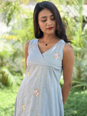 Mul Cotton Asymmetrical Dress with Deep Slit | Overlap Yoke, Cross Pintuck Detail & Floral Embroidered Panels | Mixed Back Panels | Available in Dusty Mauve, Turquoise, Lime Green & Powder Blue